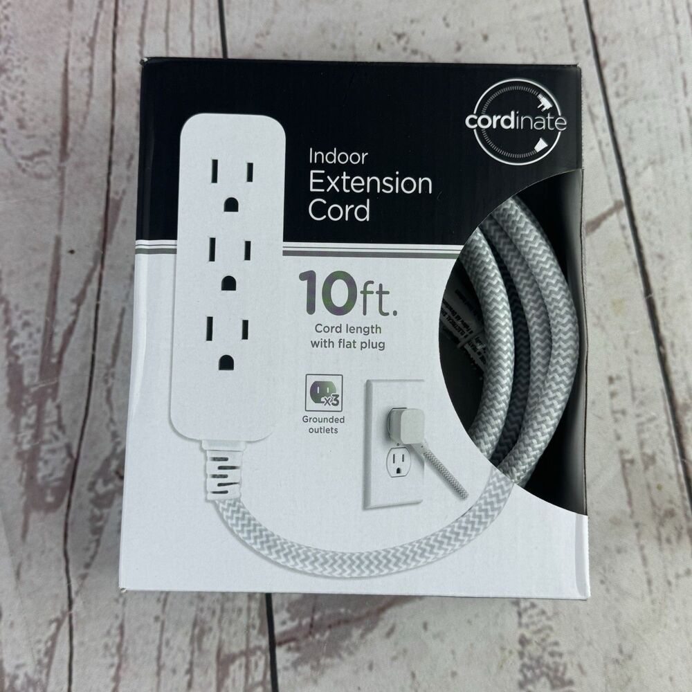 Cordinate Designer Extension Cord 10ft 3 Outlet Grounded Flat Plug White